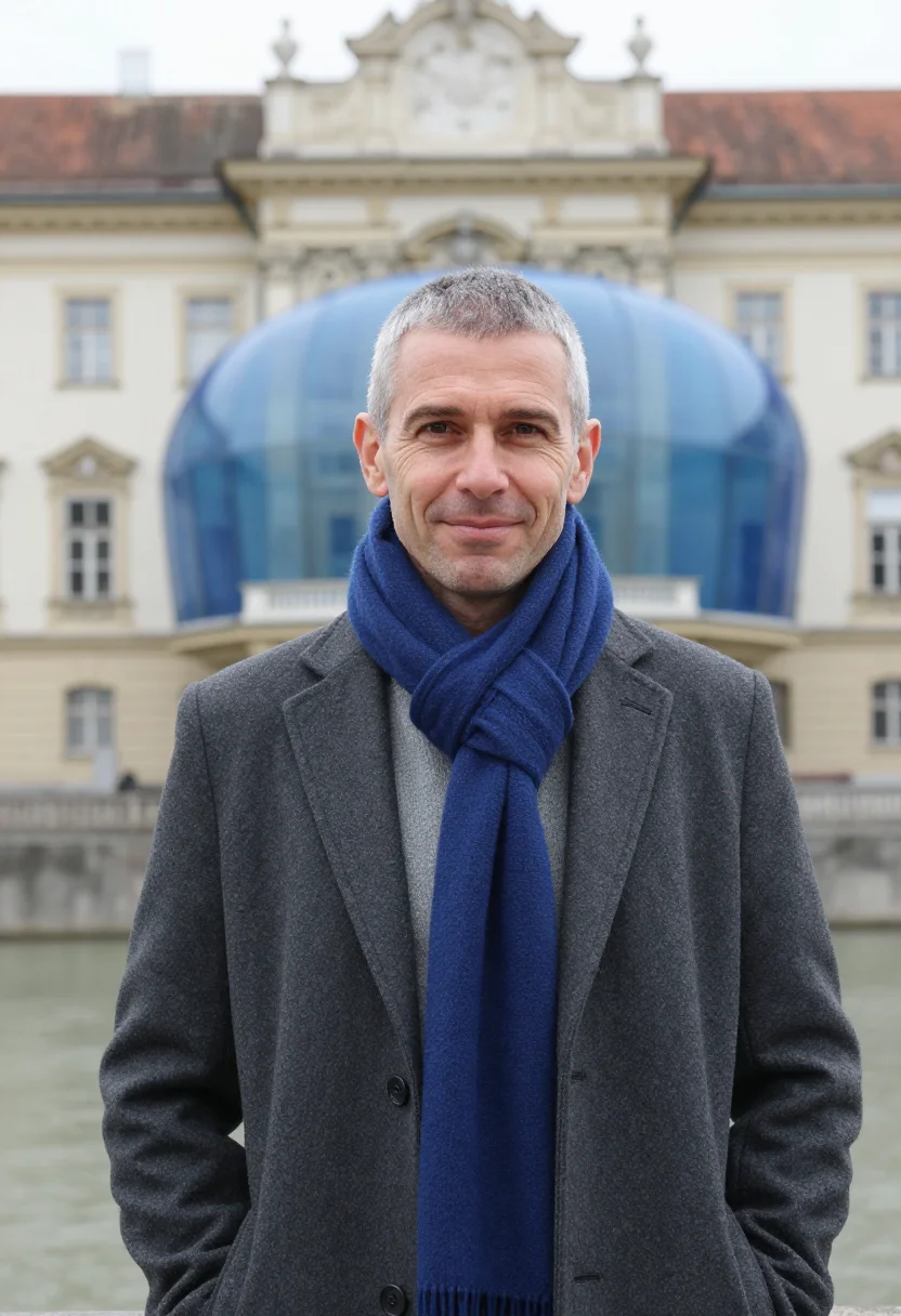 AI graz architect blue acrylic bubble sample — portrait of a man, an architect in his mid-fifties with fair