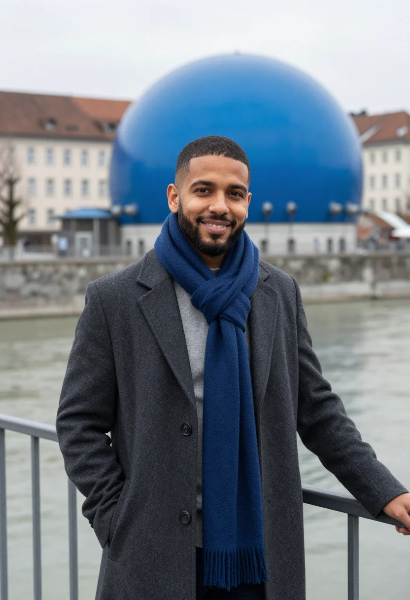AI graz architect blue acrylic bubble sample — portrait of a man, an architect in his mid-thirties with war