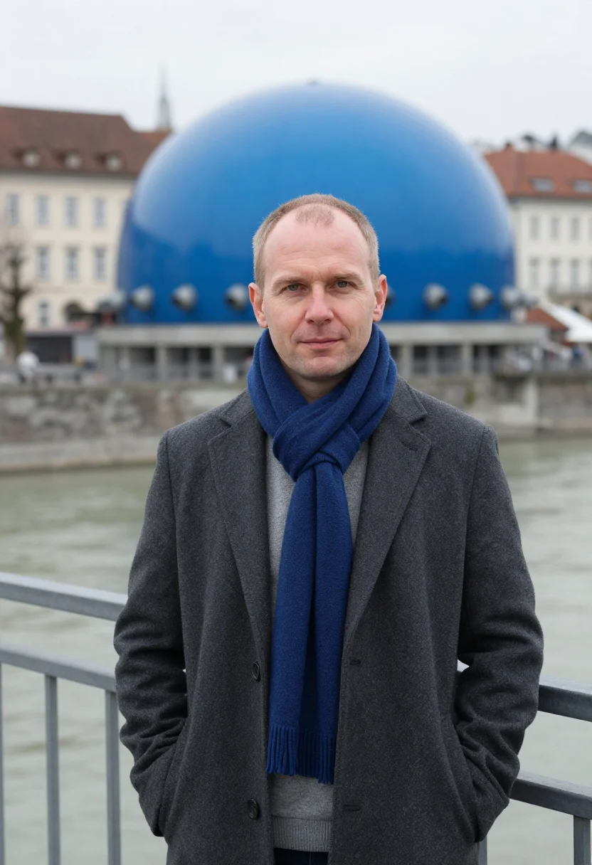 AI graz architect blue acrylic bubble sample — portrait of a man, an architect in his late forties with rud