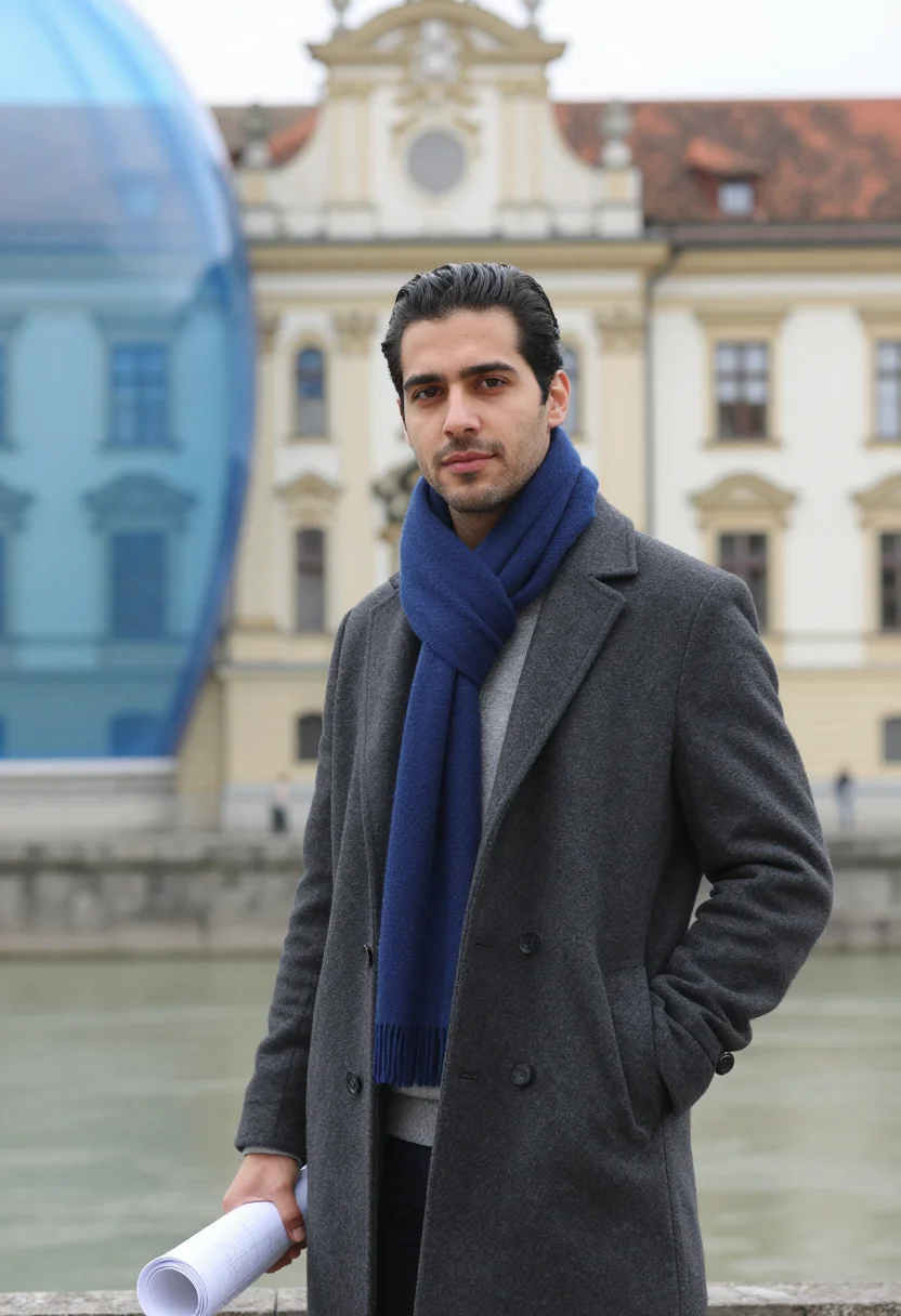 AI graz architect blue acrylic bubble sample — portrait of a man, an architect in his early thirties with o