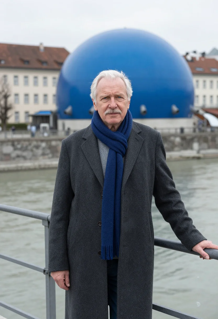 AI graz architect blue acrylic bubble sample — portrait of a man, an architect in his early sixties with fa