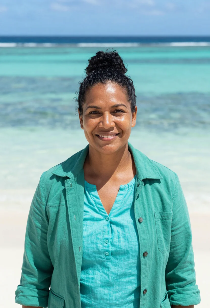 AI great barrier reef marine biologist coral turquoise sample — portrait of a marine biologist, a woman of Fijian descent in