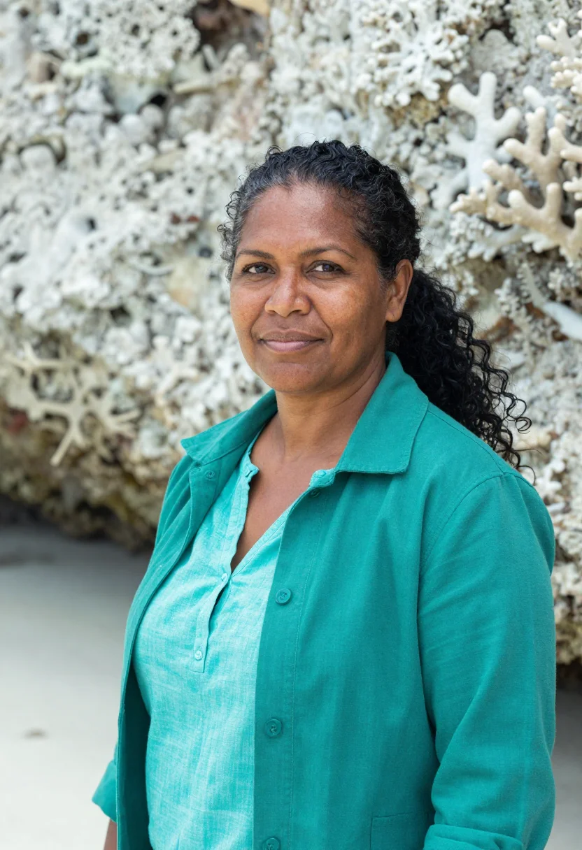 AI great barrier reef marine biologist coral turquoise sample — portrait of a marine biologist, a woman of Torres Strait Isl