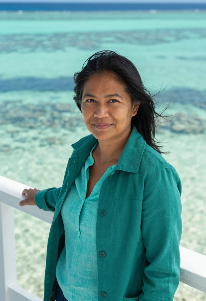 AI great barrier reef marine biologist coral turquoise sample — portrait of a marine biologist, a woman of Filipino-Australi