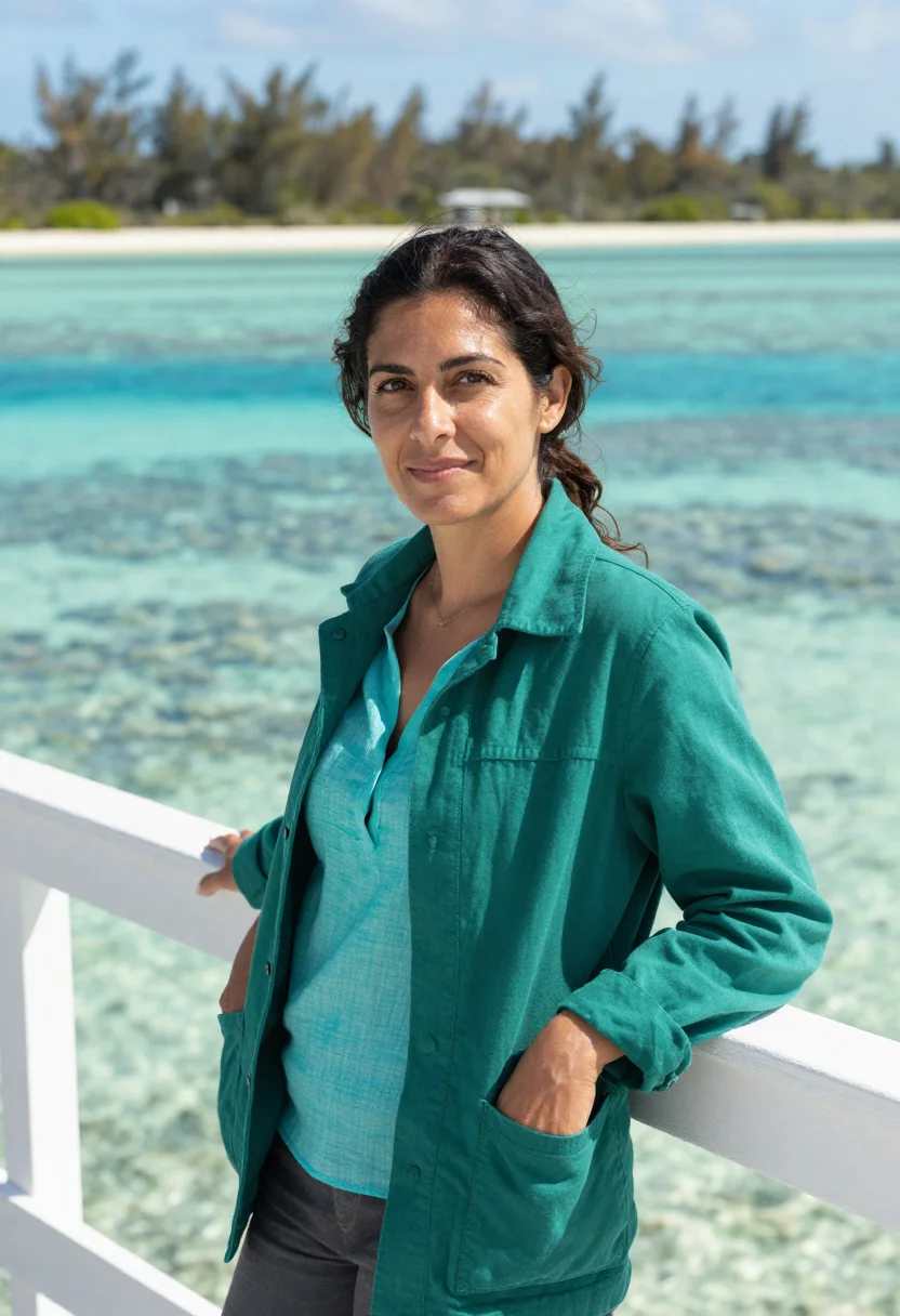 AI great barrier reef marine biologist coral turquoise sample — portrait of a marine biologist, a woman of Greek-Australian