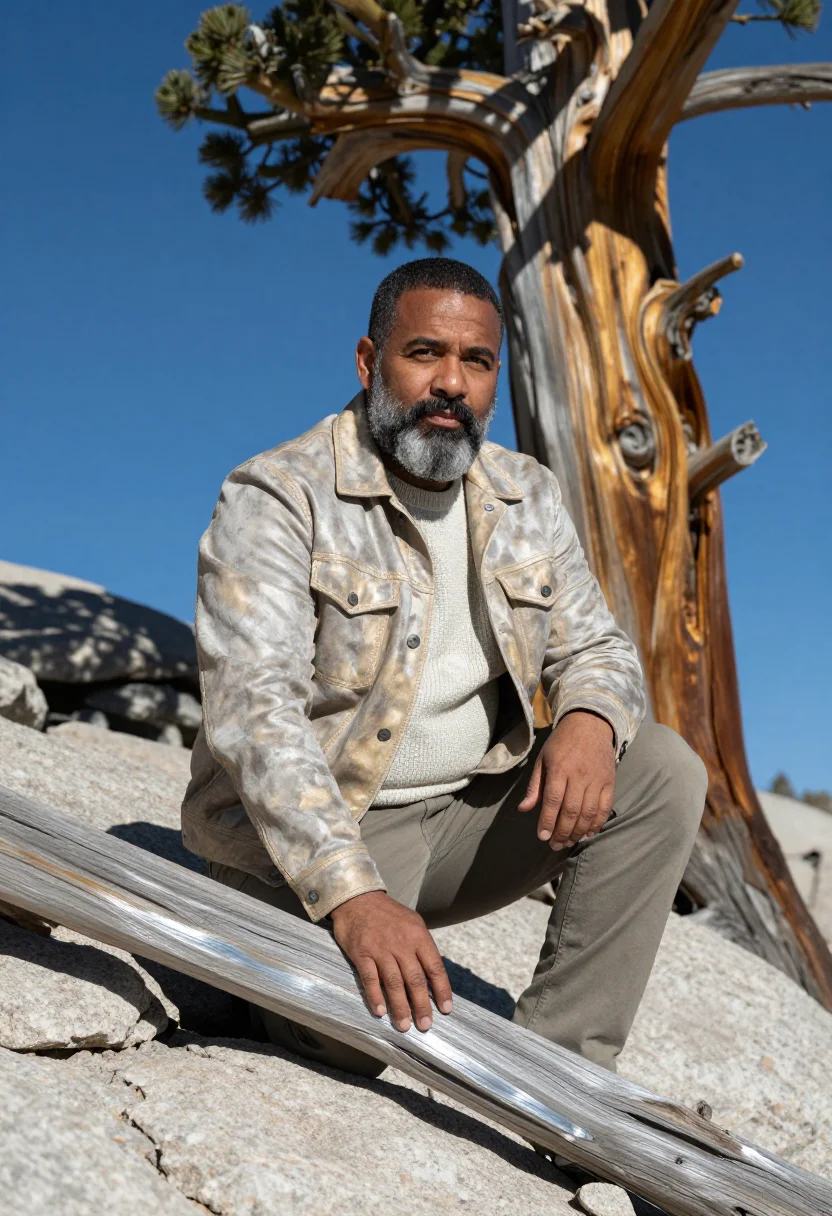 AI great basin bristlecone dendrochronologist sample — portrait of a man, in his late forties, with deep brown skin