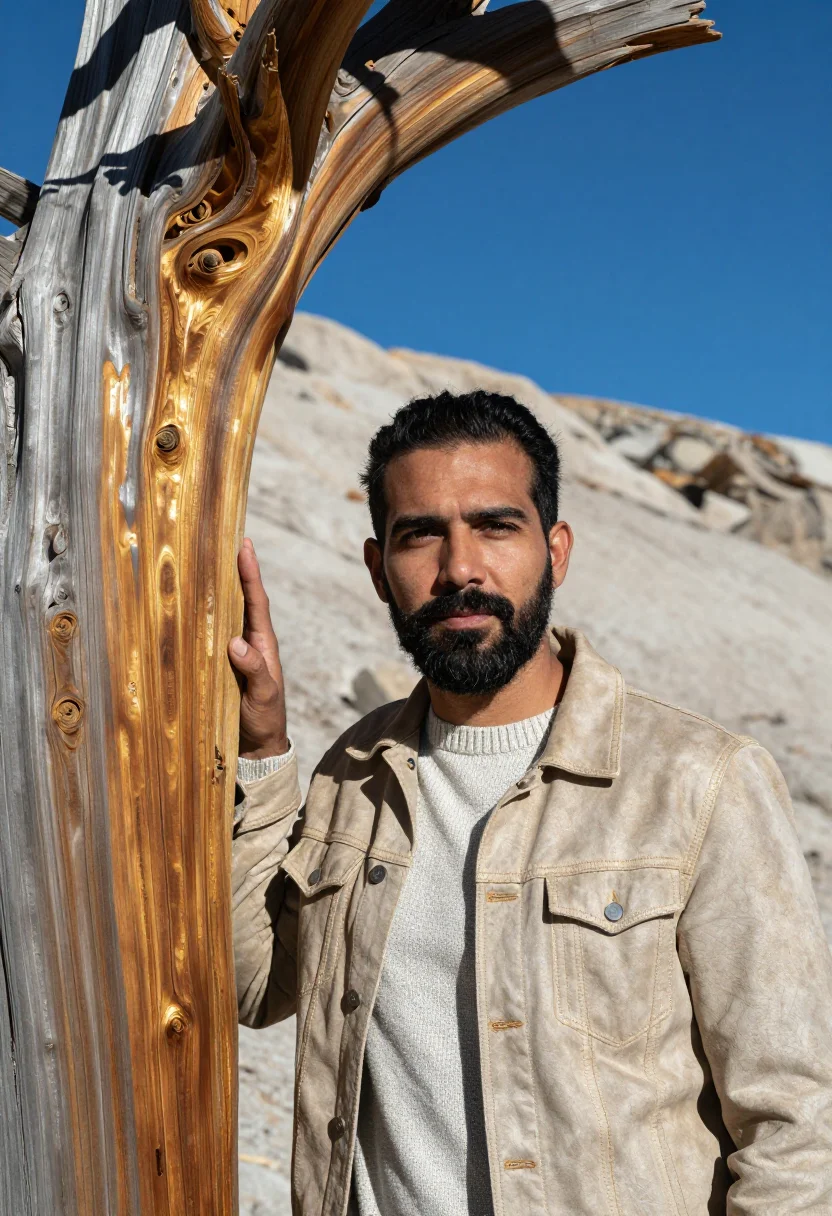 AI great basin bristlecone dendrochronologist sample — portrait of a man, in his late thirties, with warm brown ski