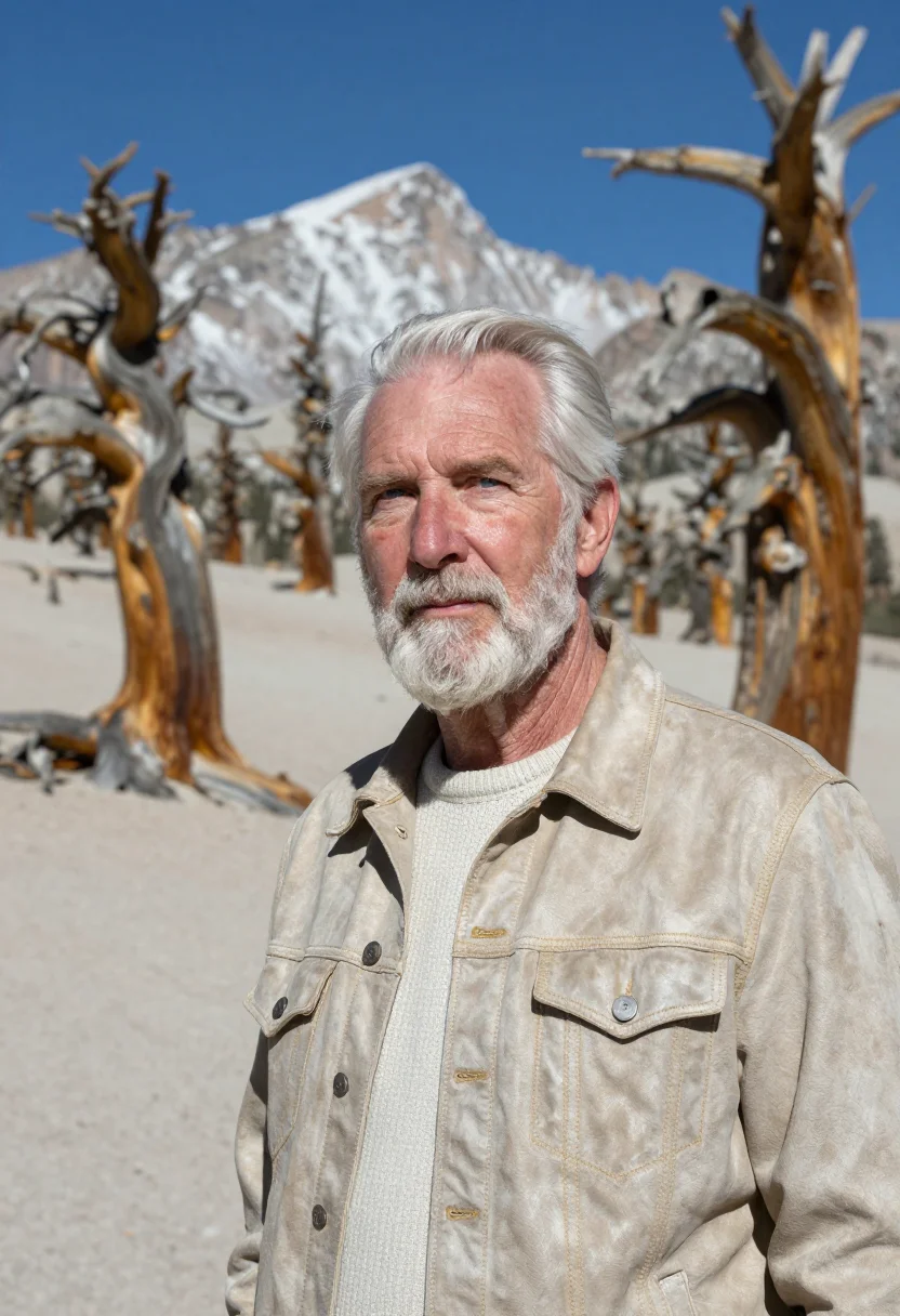 AI great basin bristlecone dendrochronologist sample — portrait of a man, in his early sixties, with fair ruddy ski