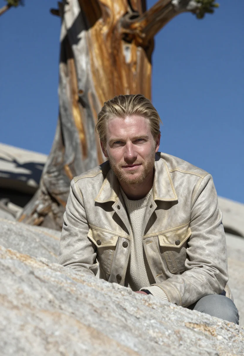 AI great basin bristlecone dendrochronologist sample — portrait of a man, in his early thirties, with fair skin, bl