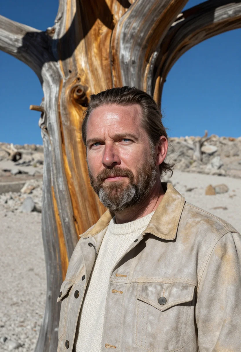 AI great basin bristlecone dendrochronologist sample — portrait of a man, in his mid-forties, with fair sun-weather