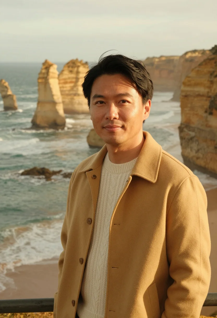 AI great ocean road geologist limestone gold sample — portrait of a geologist, a man of Chinese-Australian descent