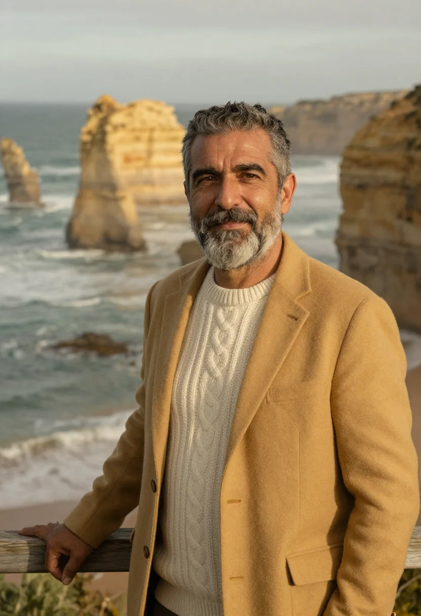 AI great ocean road geologist limestone gold sample — portrait of a geologist, a man of Italian-Australian descent