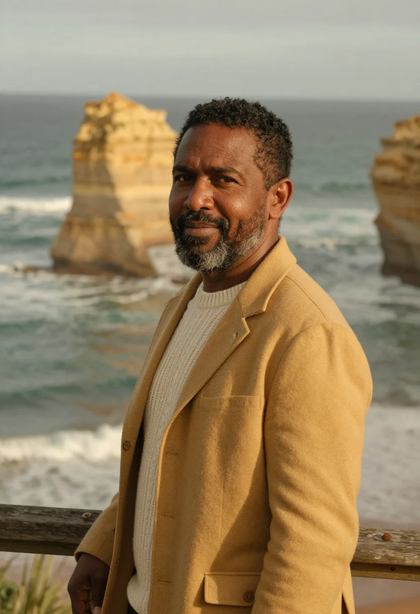 AI great ocean road geologist limestone gold sample — portrait of a geologist, a man of Aboriginal Australian desc