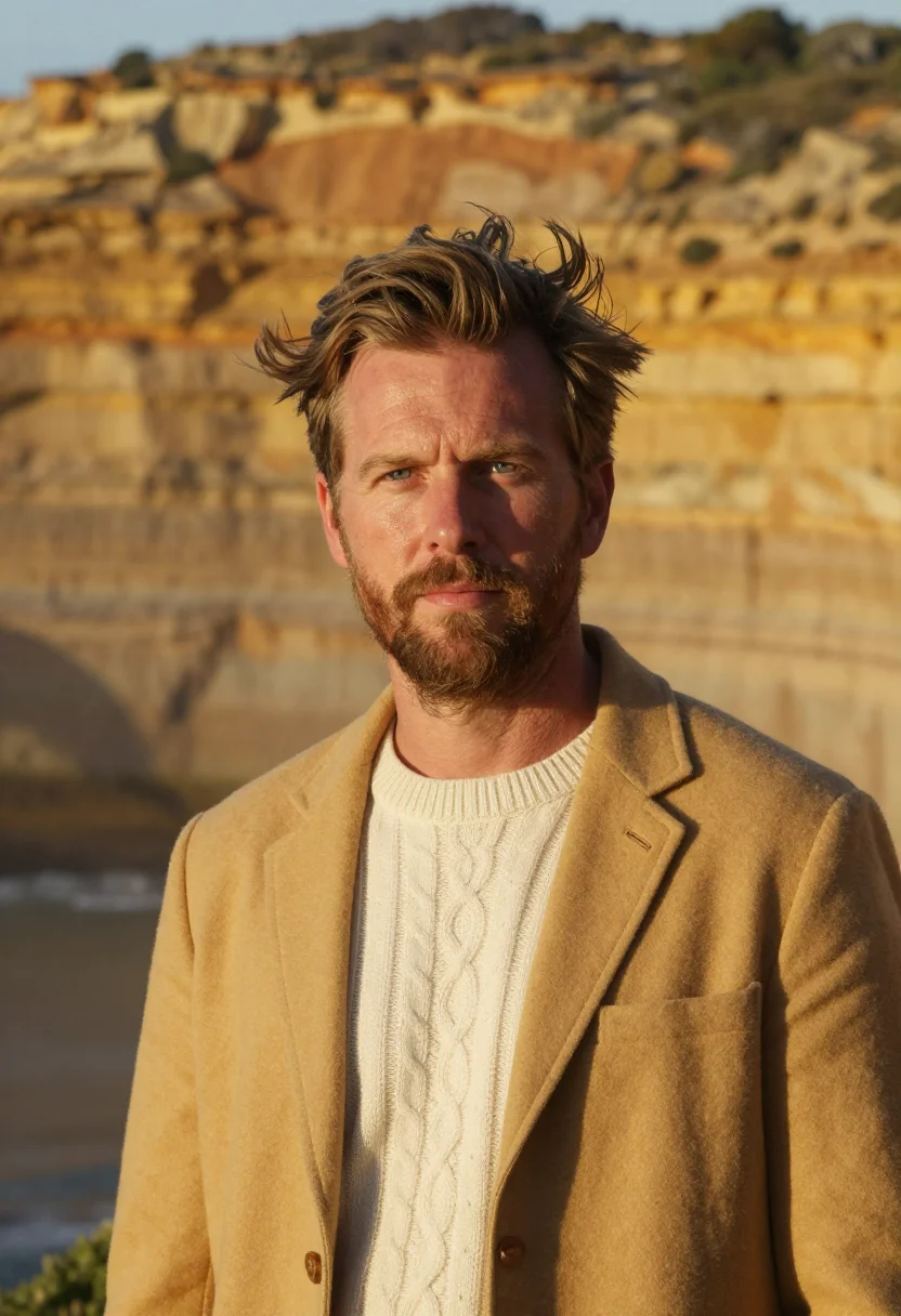 AI great ocean road geologist limestone gold sample — portrait of a geologist, a man of Anglo-Australian descent i