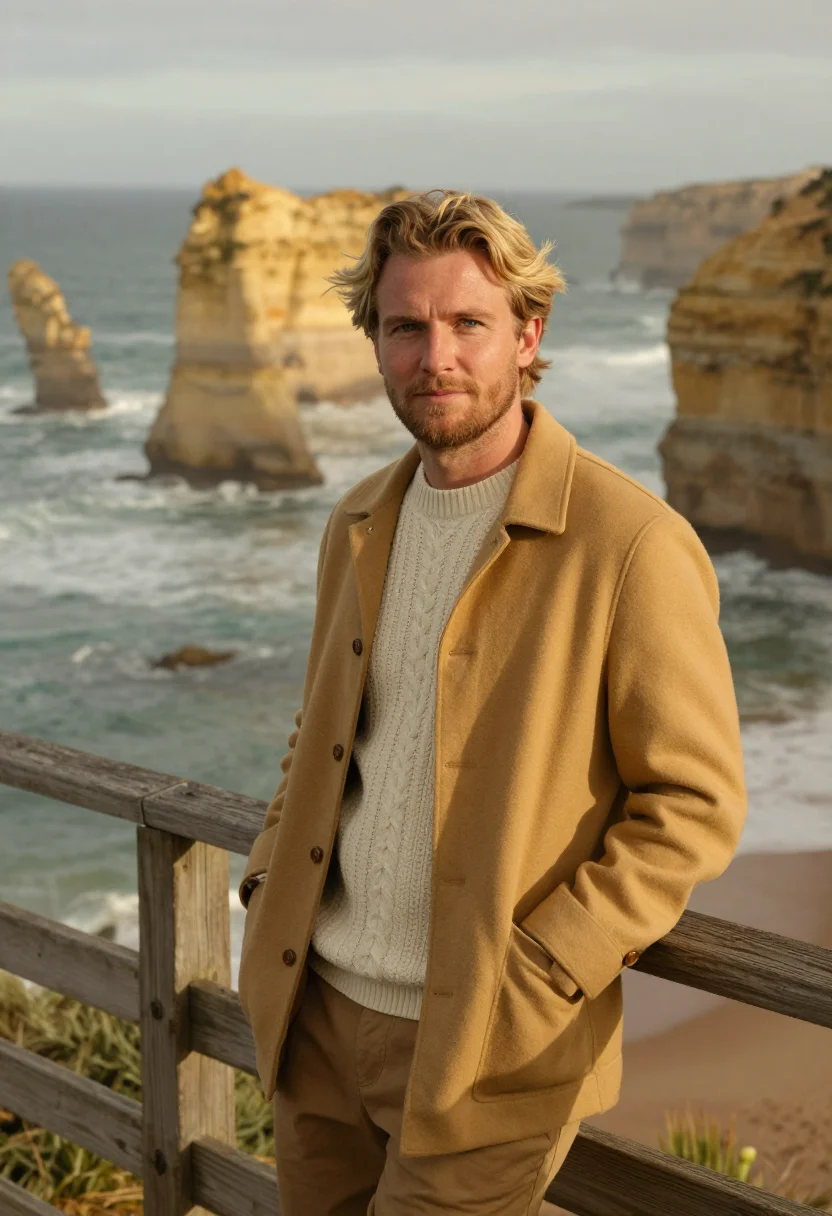 AI great ocean road geologist limestone gold sample — portrait of a geologist, a man of Dutch descent in his early