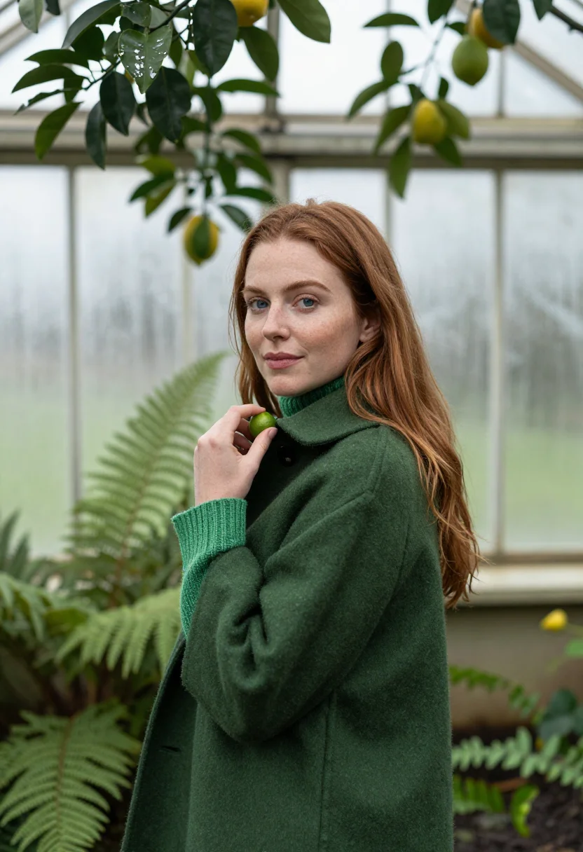 AI greenhouse january green sample — portrait of a woman, framed chest-up, cropped at the ribs, t