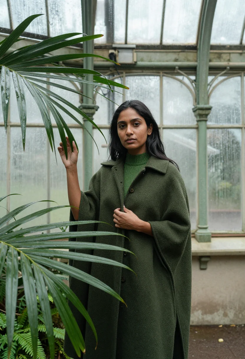 AI greenhouse january green sample — portrait of a woman, framed three-quarter length from the he