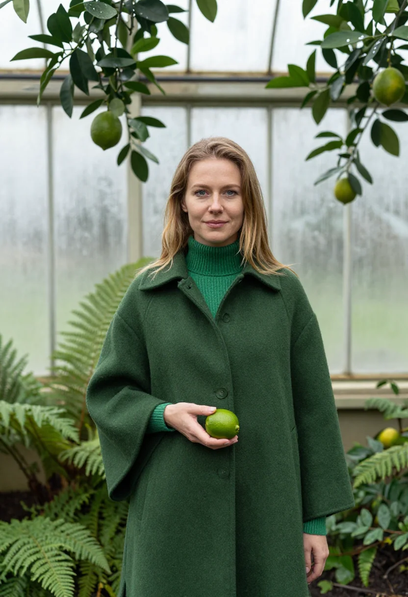 AI greenhouse january green sample — portrait of a woman, framed half-length from the head to the