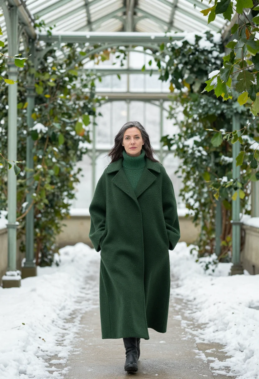 AI greenhouse january green sample — portrait of a woman, framed wide and full-length down the na