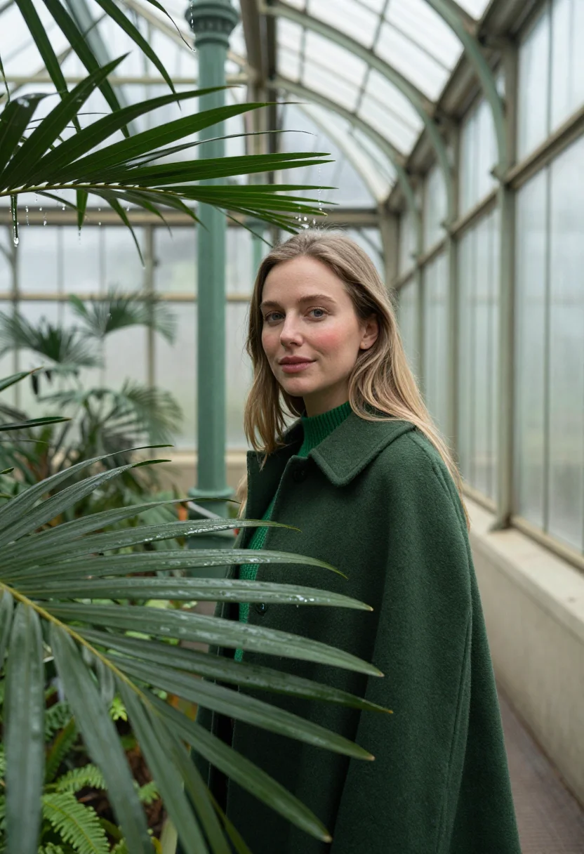 AI greenhouse january green sample — portrait of a woman, framed chest-up, cropped at the ribs, t