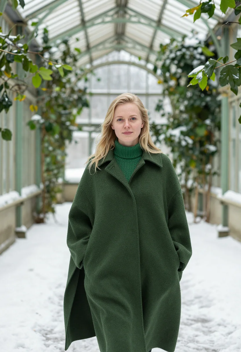 AI greenhouse january green sample — portrait of a woman, framed chest-up, cropped at the ribs, t