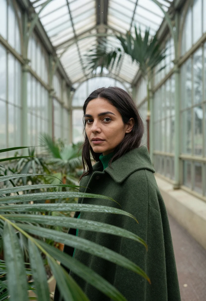 AI greenhouse january green sample — portrait of a woman, framed tight, head and shoulders, the b