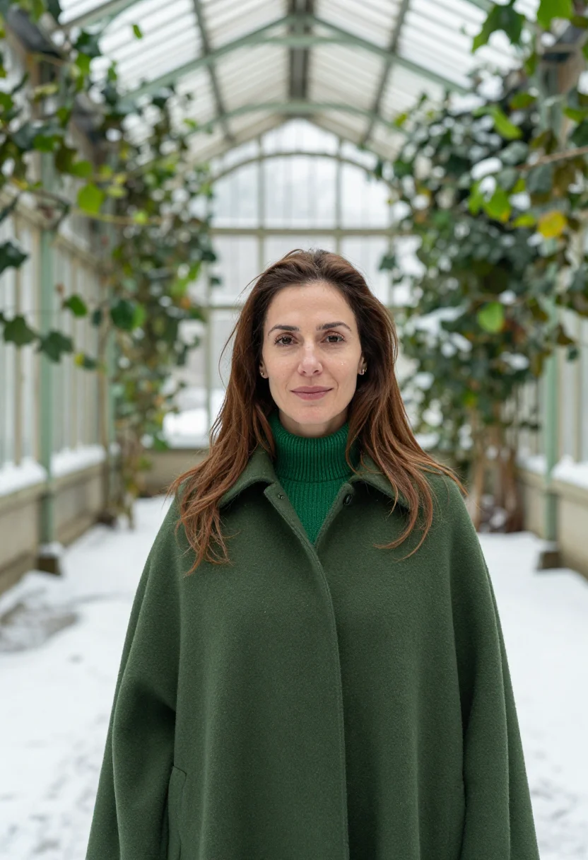 AI greenhouse january green sample — portrait of a woman, framed tight, head and shoulders, the b