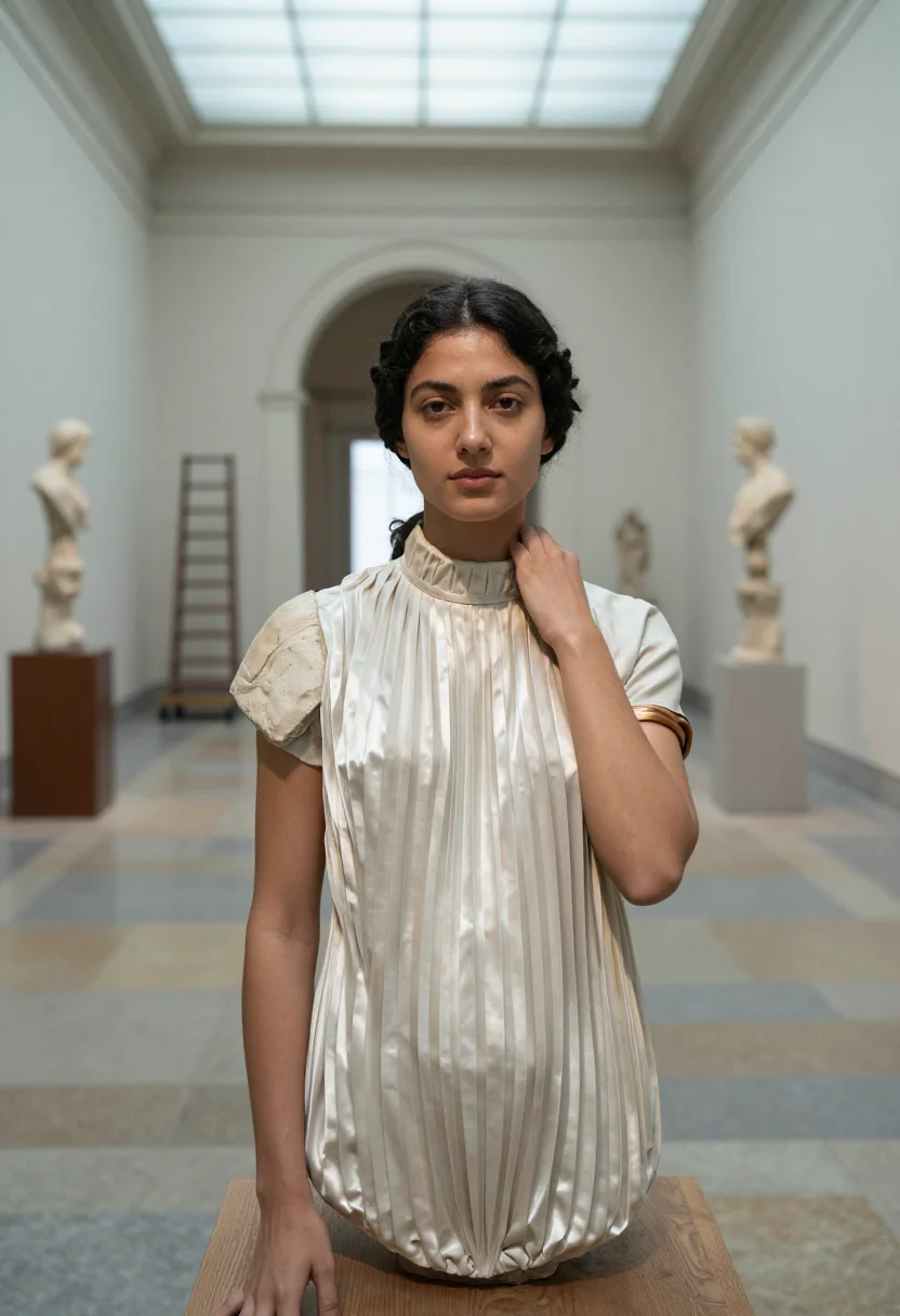 AI gres drape sample — portrait of a woman, waist-up portrait of a Western-European