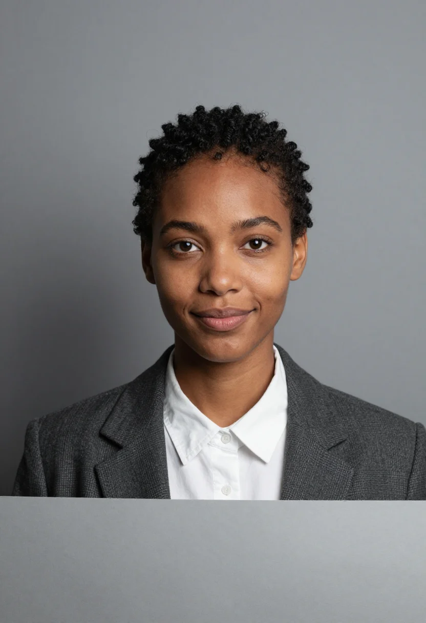 AI grey seamless headshot sample — a tight head-and-shoulders frame of a woman in her early thi