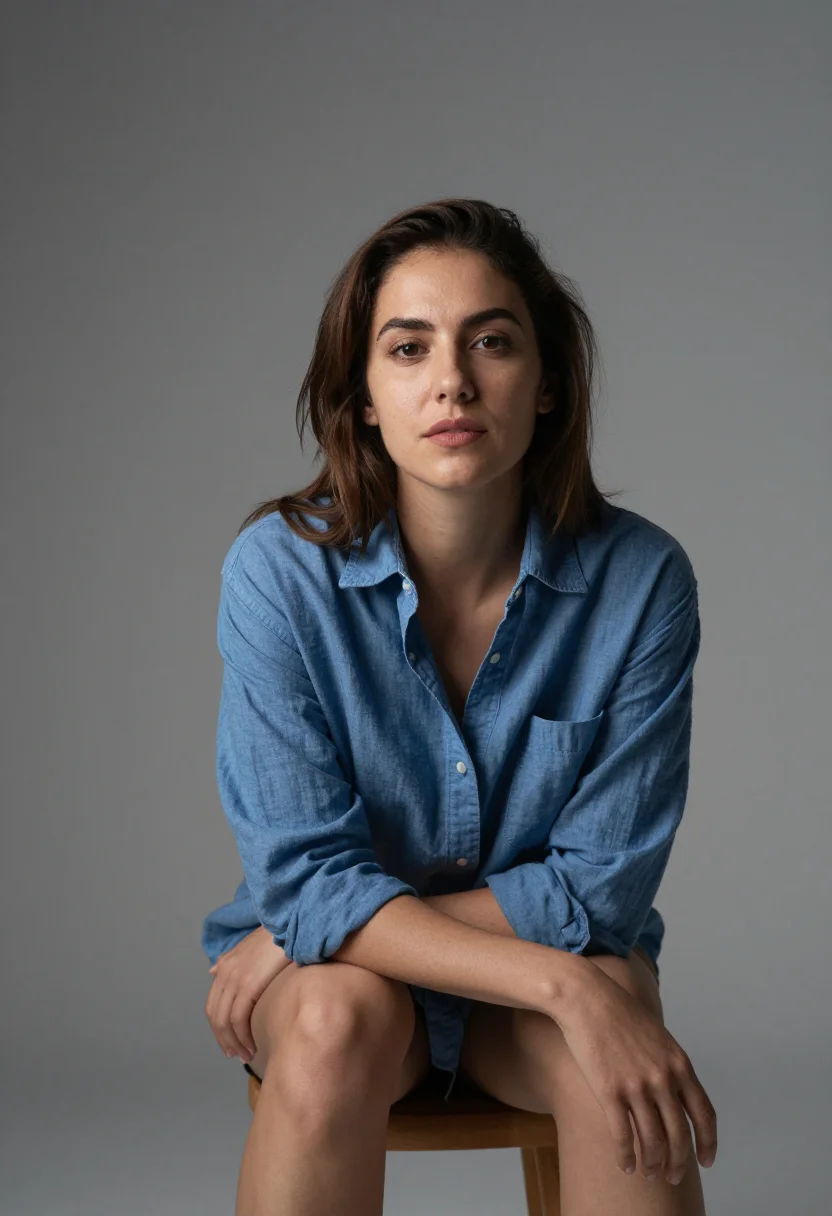 AI grey seamless headshot sample — a wider half-length frame of a woman in her late twenties wi