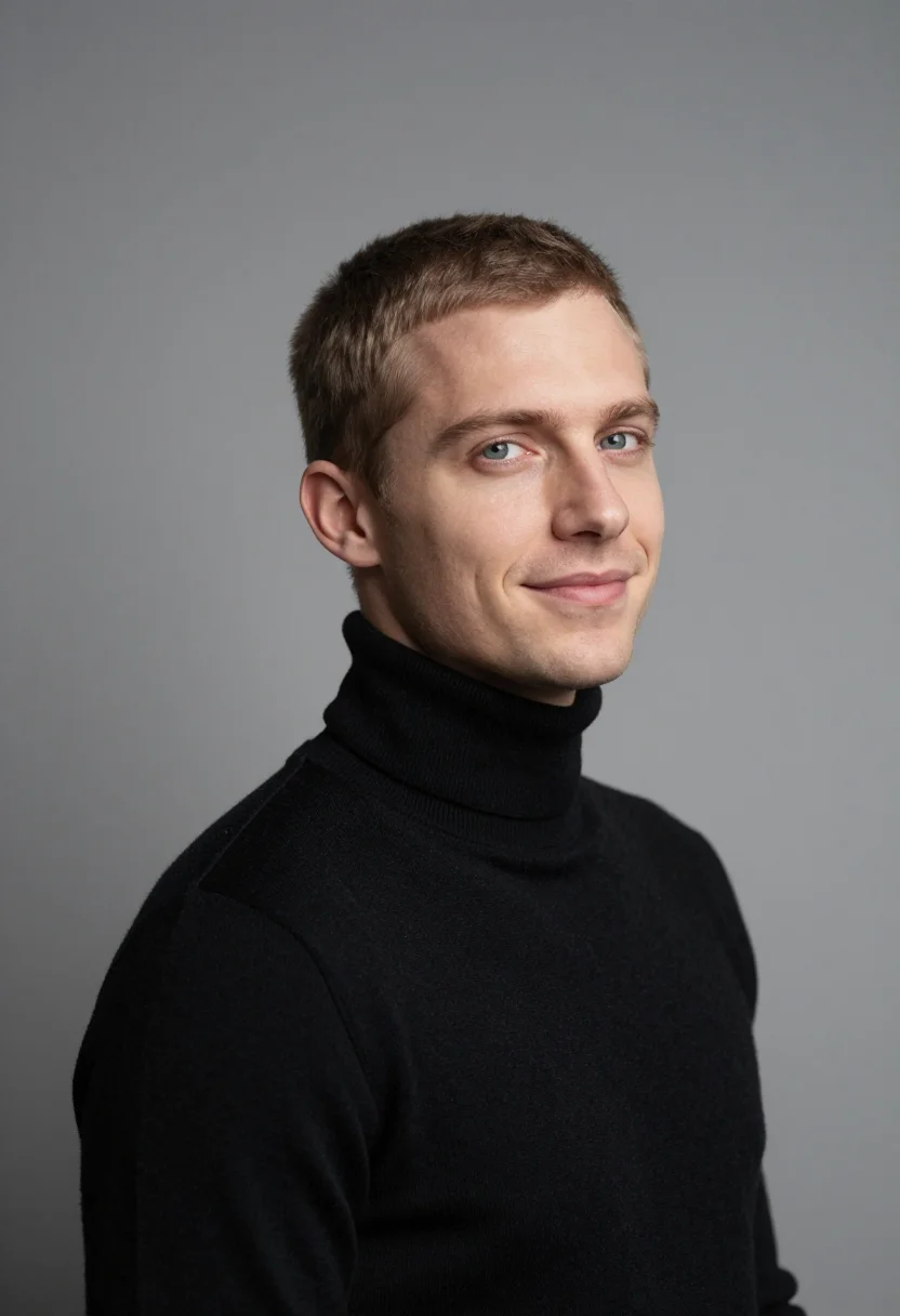 AI grey seamless headshot sample — a head-and-shoulders frame of a man in his early thirties wi