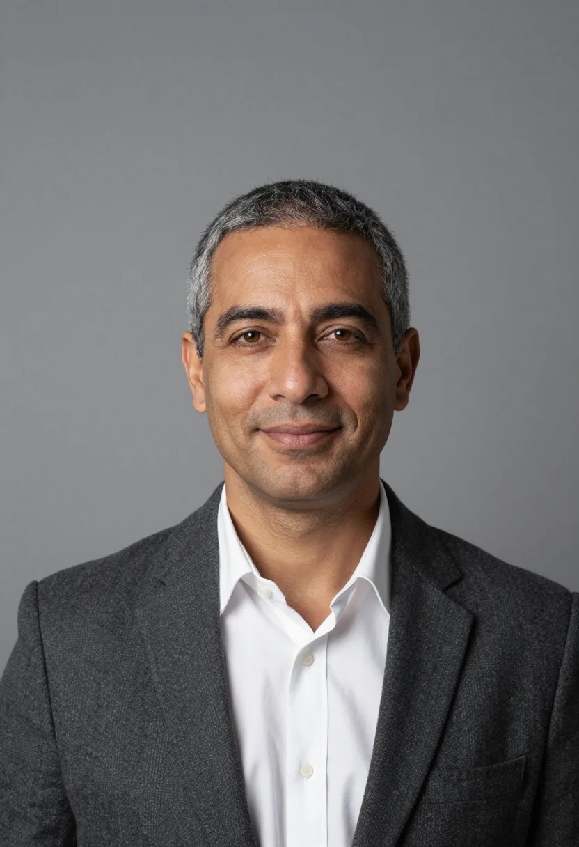 AI grey seamless headshot sample — a head-and-shoulders frame of a man in his forties with warm