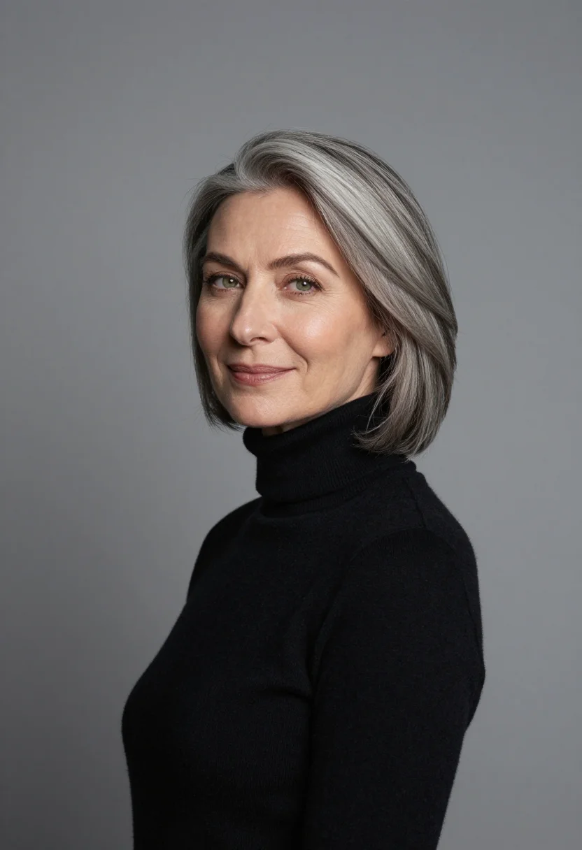 AI grey seamless headshot sample — a head-and-shoulders frame of a woman in her fifties with wa