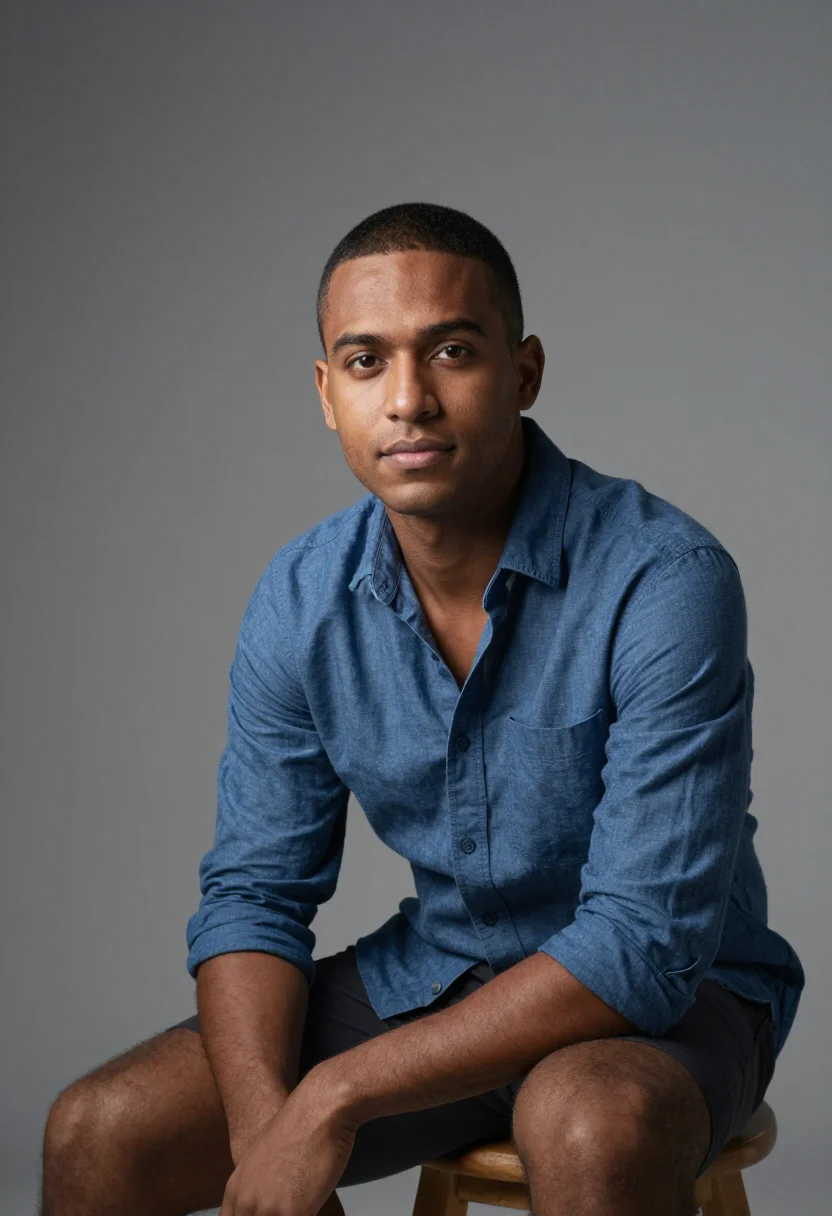AI grey seamless headshot sample — a half-length frame of a man in his mid-thirties with deep u