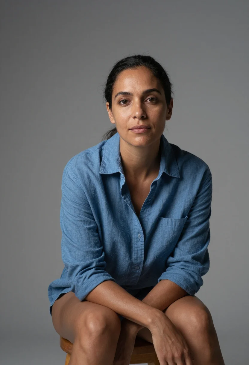 AI grey seamless headshot sample — a half-length frame of a woman in her forties with honey-bro