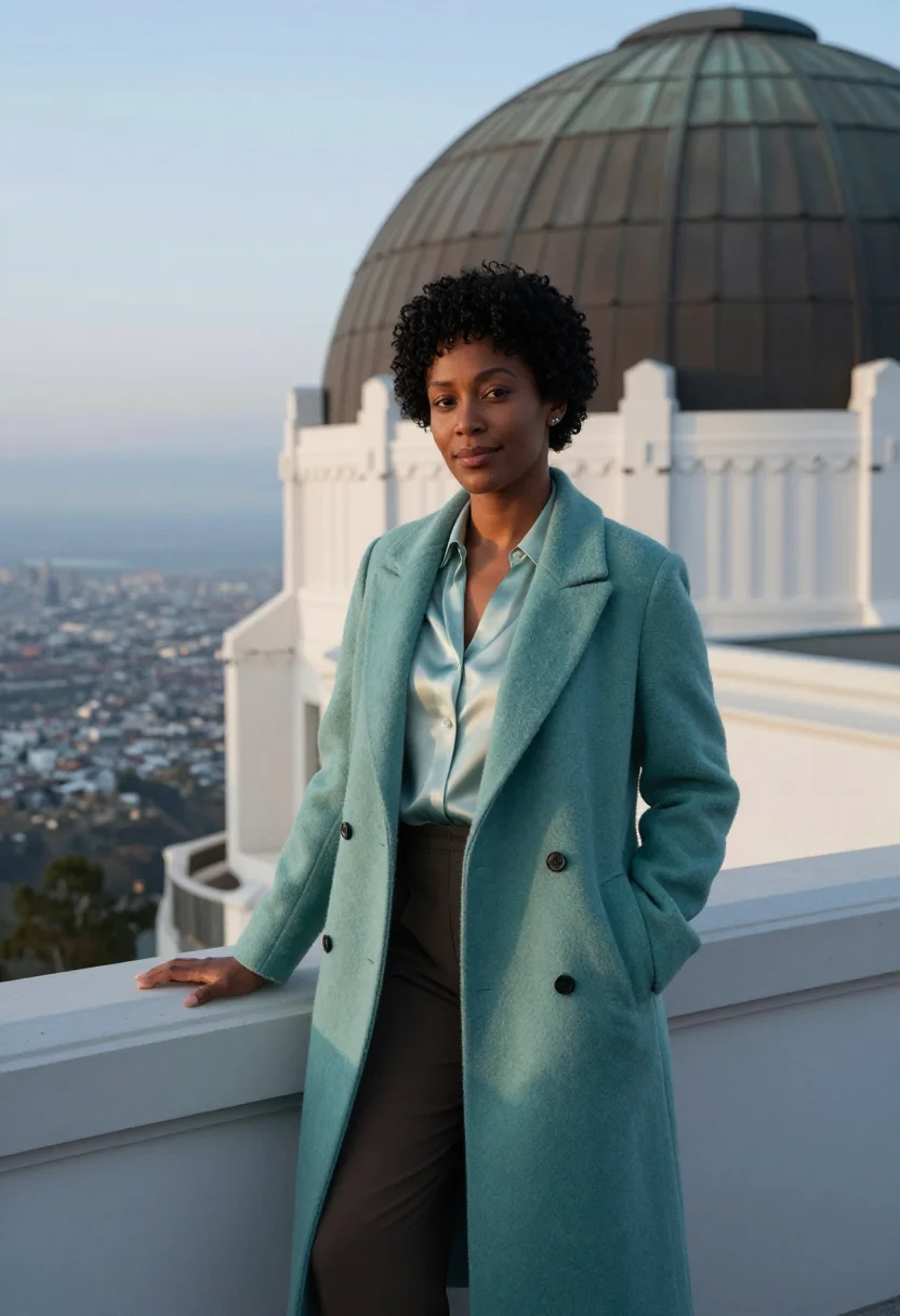 AI griffith observatory educator verdigris sample — portrait of a woman, Black American, around thirty, with dee