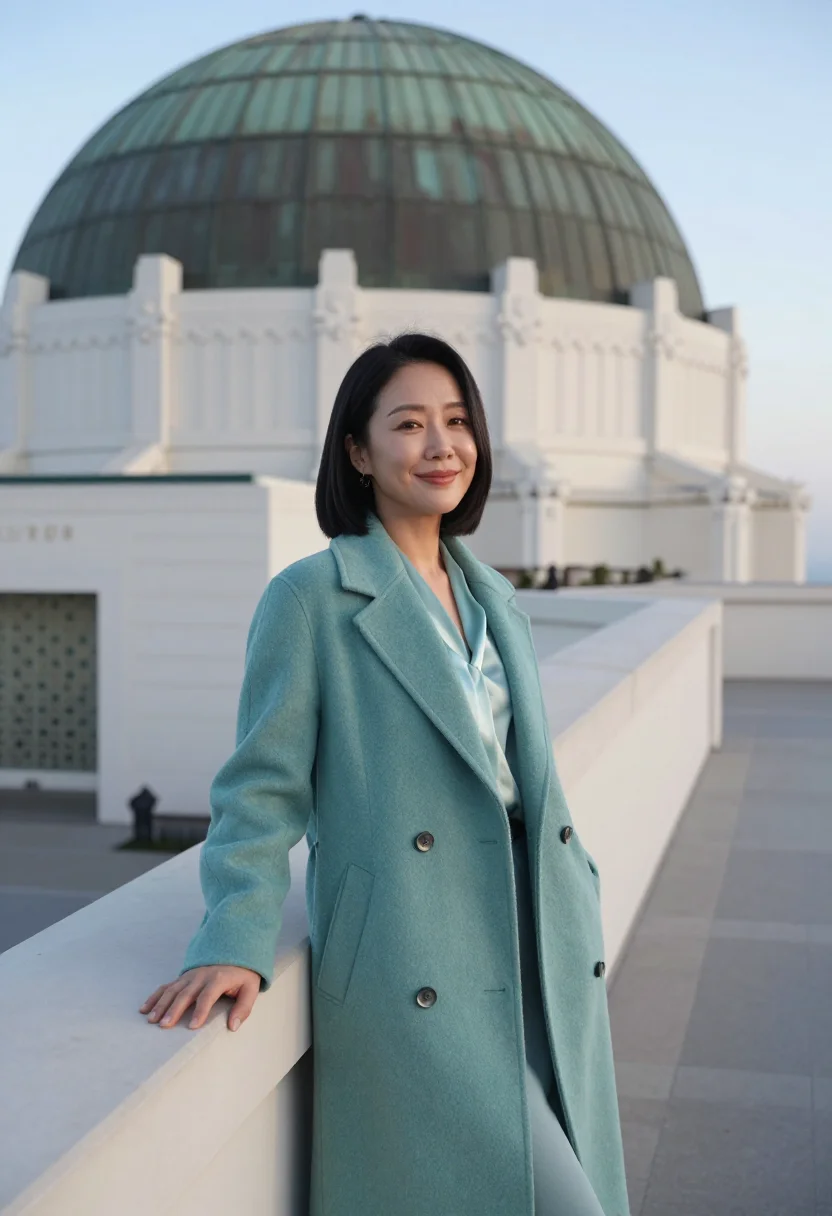 AI griffith observatory educator verdigris sample — portrait of a woman, Korean-American, in her early forties,
