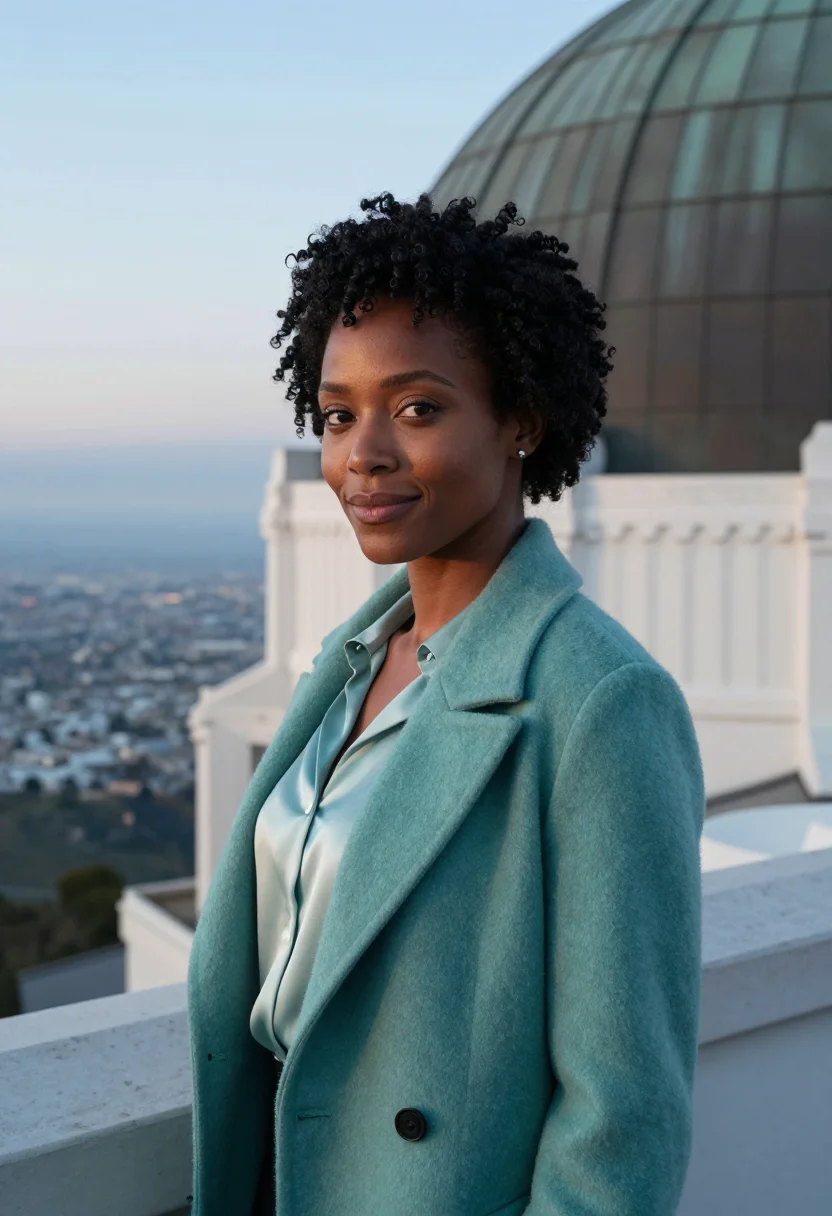 AI griffith observatory educator verdigris sample — portrait of a woman, Black American, around thirty, with dee