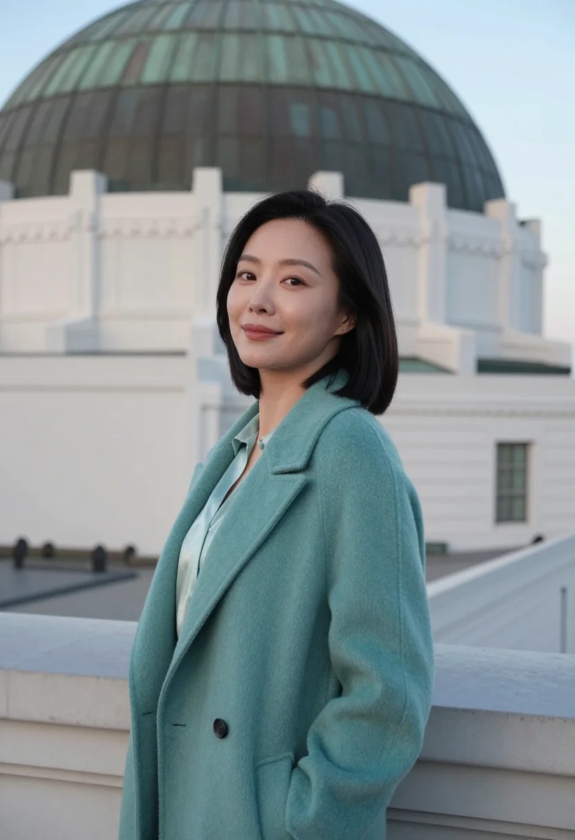 AI griffith observatory educator verdigris sample — portrait of a woman, Korean-American, in her early forties,