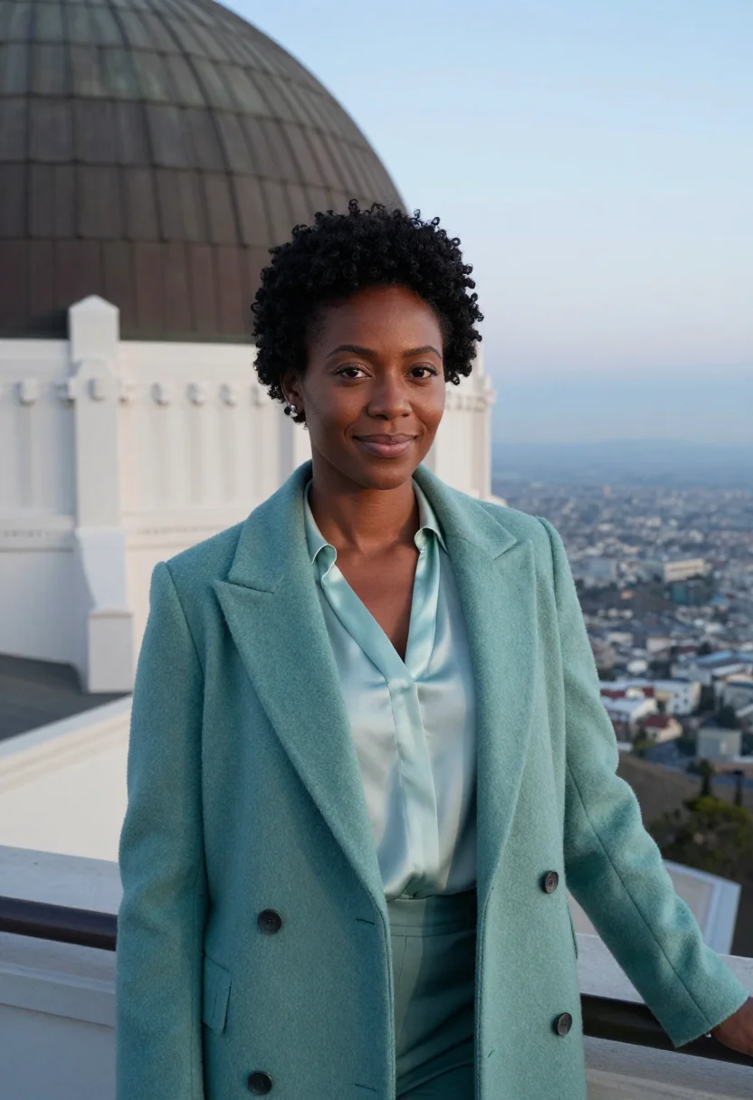 AI griffith observatory educator verdigris sample — portrait of a woman, Black American, around thirty, with dee