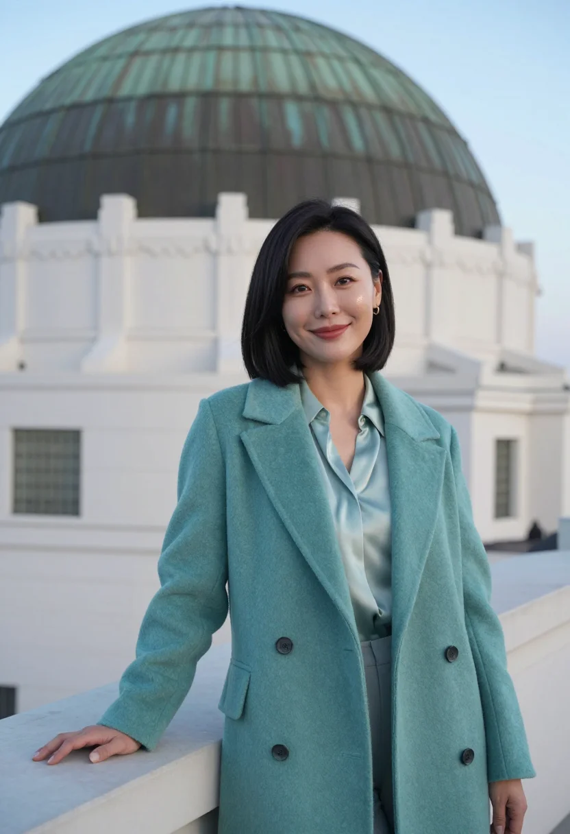 AI griffith observatory educator verdigris sample — portrait of a woman, Korean-American, in her early forties,