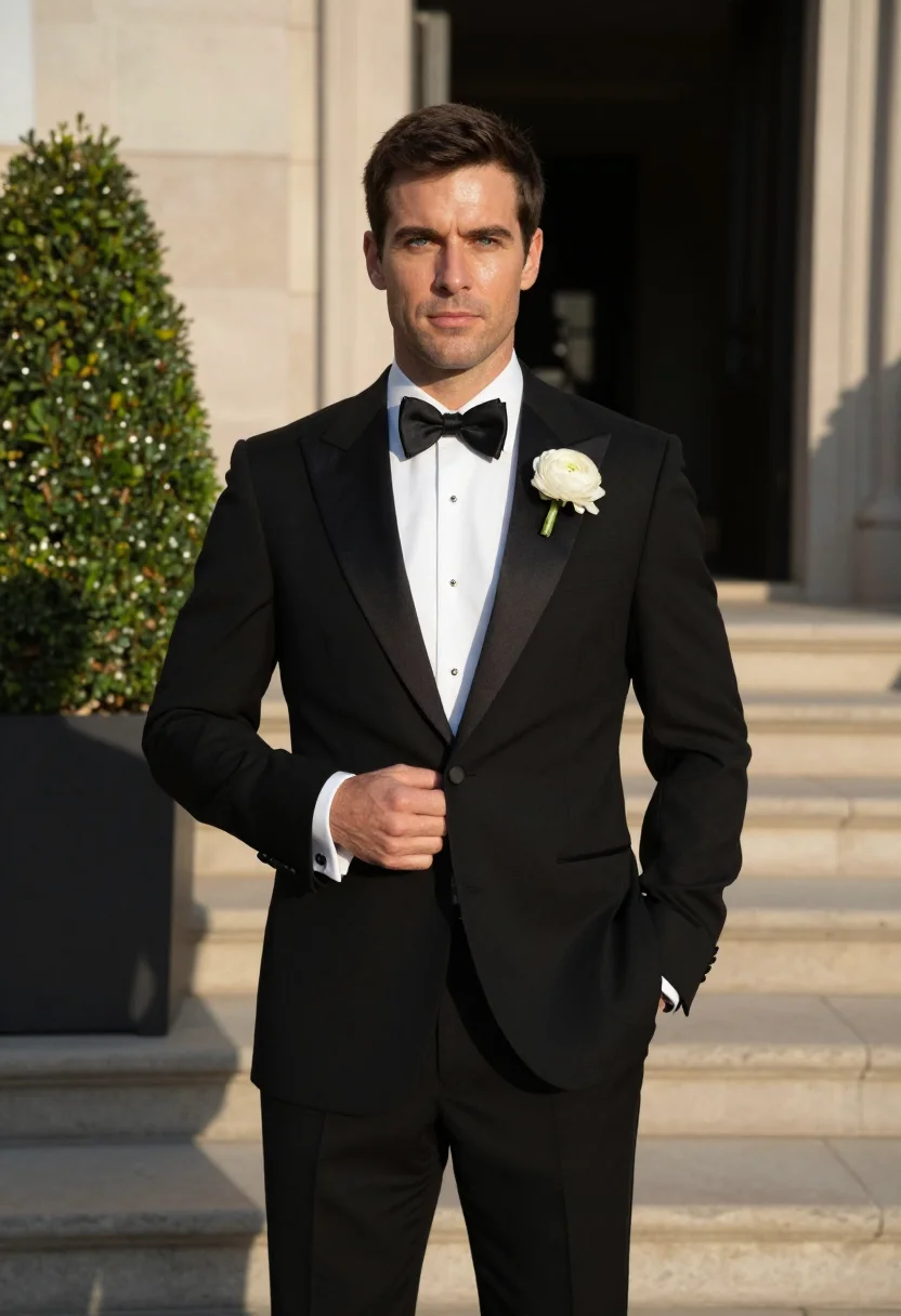 AI groom tux sample — portrait of a man, three-quarter-length portrait of an Ameri
