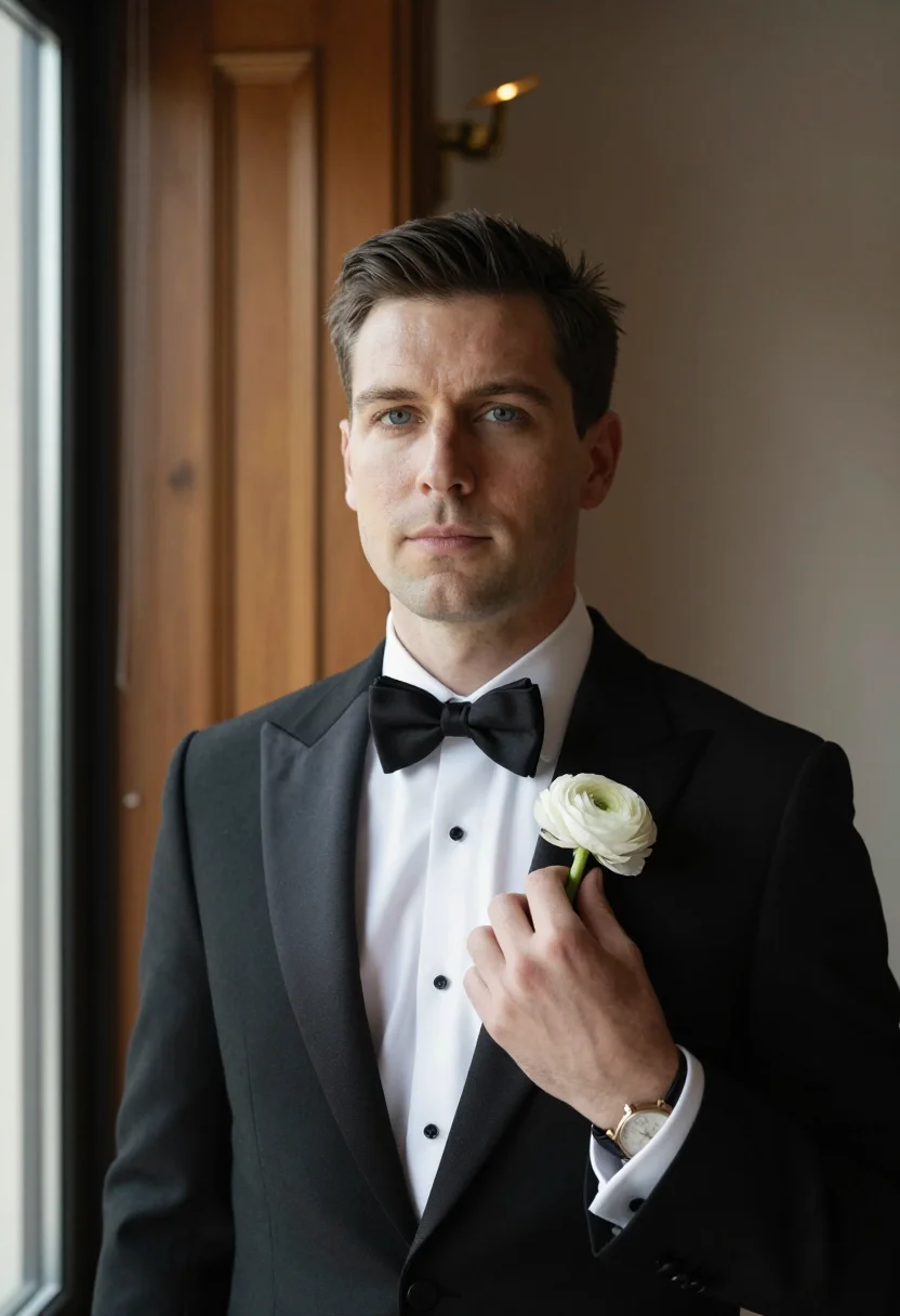 AI groom tux sample — portrait of a man, chest-up portrait of an American man with