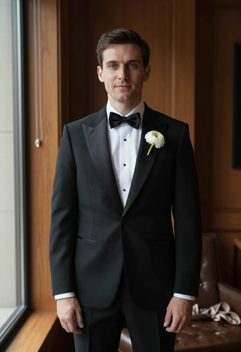 AI groom tux sample — portrait of a man, three-quarter-length portrait of an Ameri