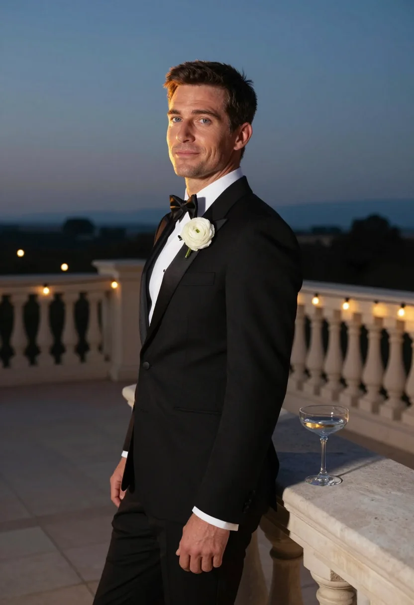 AI groom tux sample — portrait of a man, three-quarter-length portrait of an Ameri