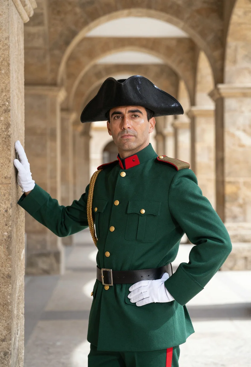 AI guardia civil tricornio sample — portrait of a man, half-length portrait of a Spanish man in