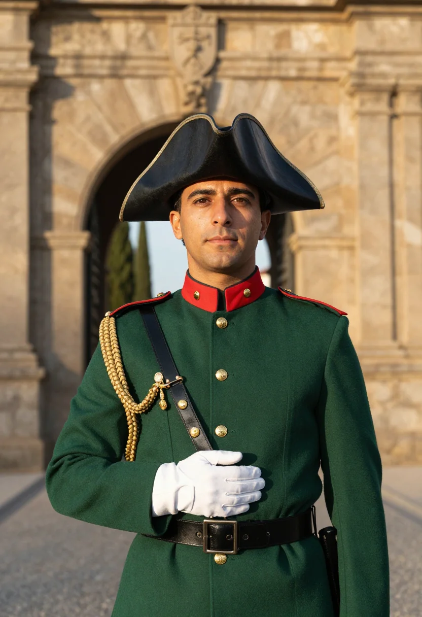 AI guardia civil tricornio sample — portrait of a man, chest-up portrait of a Spanish man in his