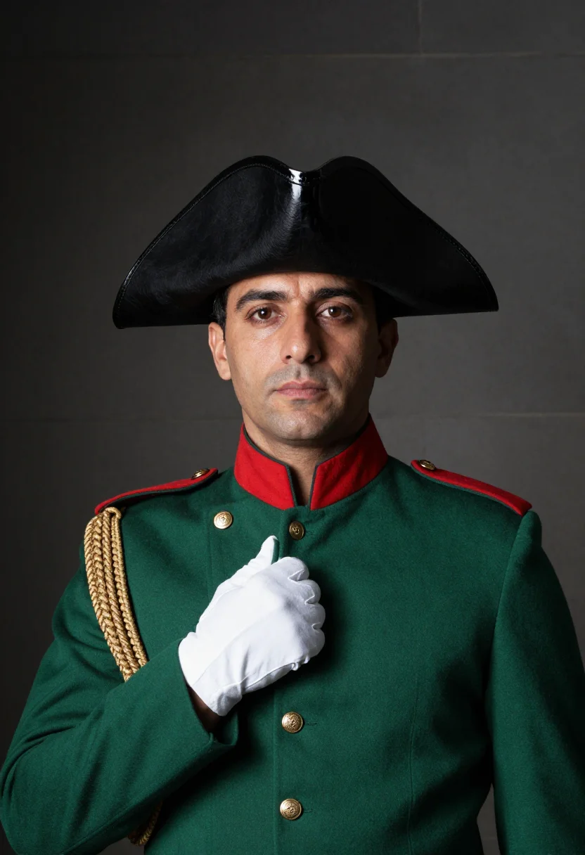 AI guardia civil tricornio sample — portrait of a man, chest-up portrait of a Spanish man in his