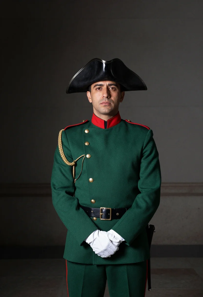AI guardia civil tricornio sample — portrait of a man, half-length portrait of a Spanish man in