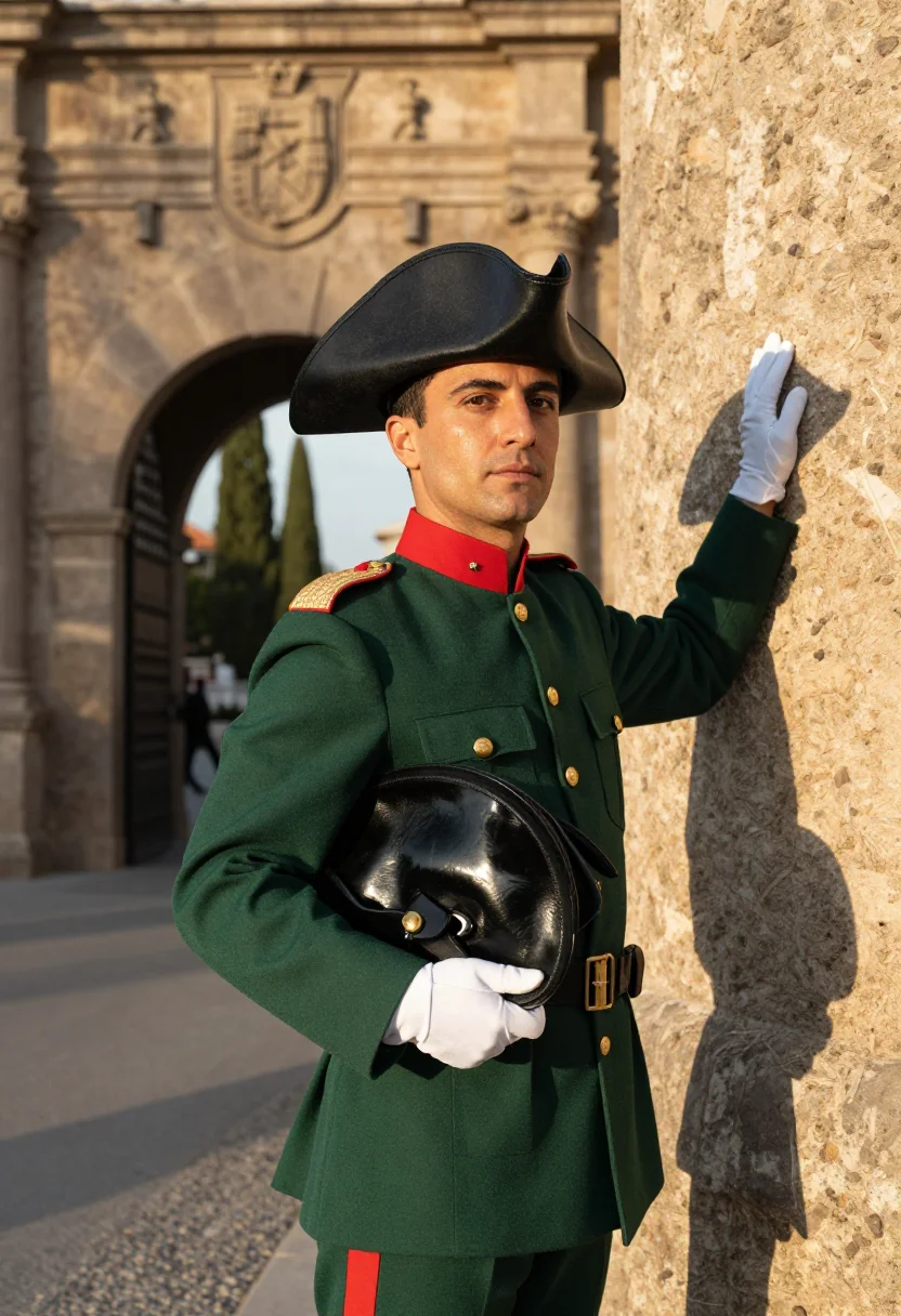 AI guardia civil tricornio sample — portrait of a man, half-length portrait of a Spanish man in